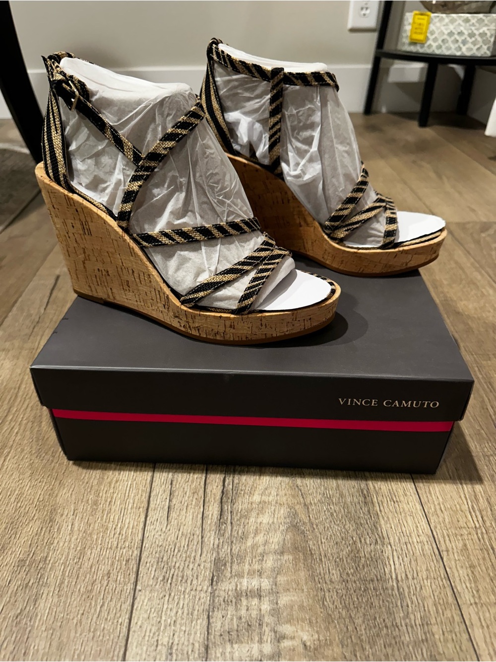 Vince Camuto Black and Tan Cork Wedge Sandals